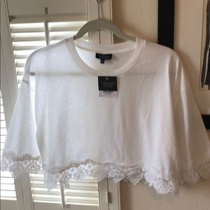 Lace Trimmed Cropped Bell Sleeve Top